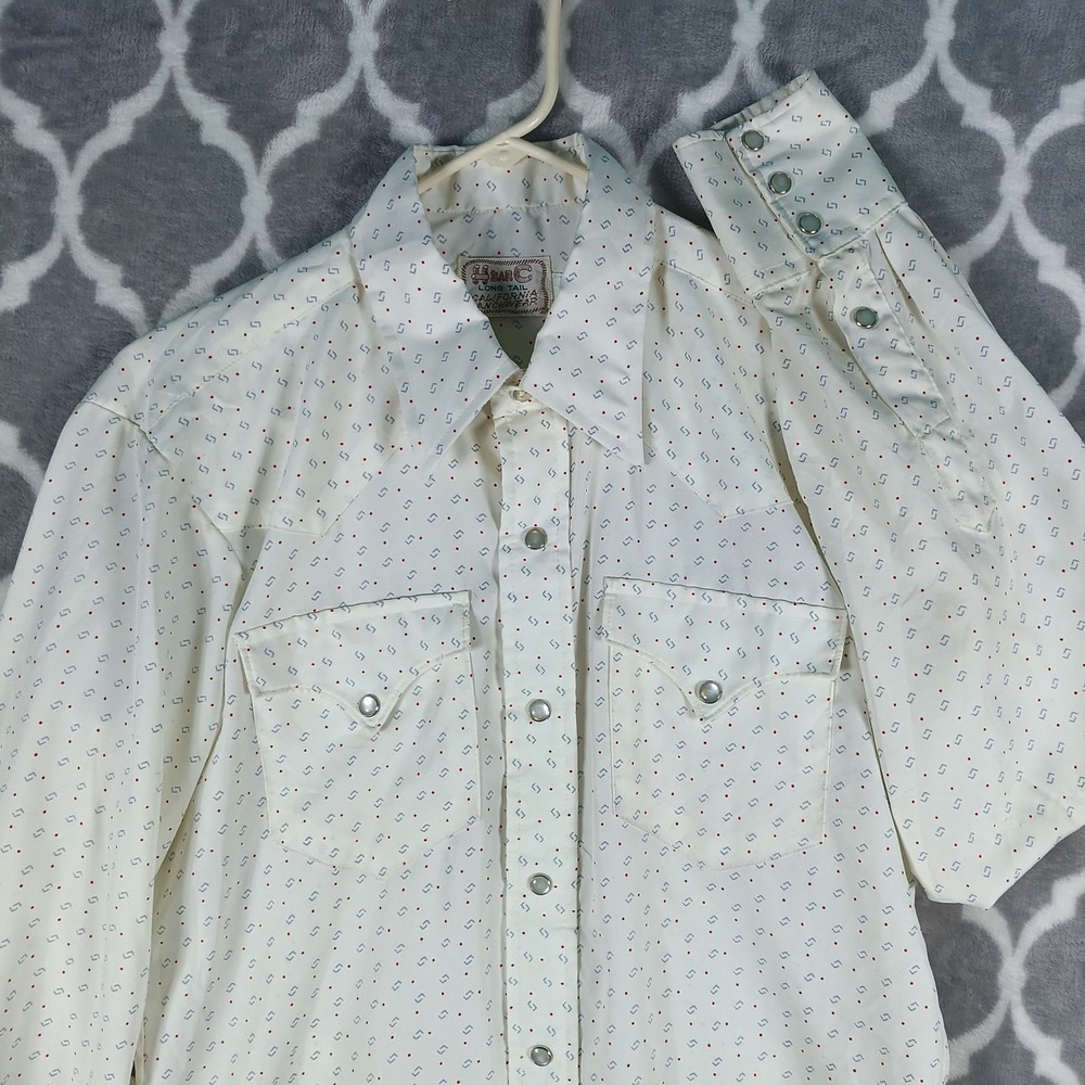 H Bar C Western Shirt Men M Cream Geo Pearl Snap Long Tail Polyester VTG 70s